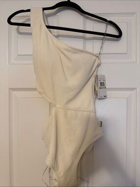 Michael Kors Cream One-Shoulder Cutout One-Piece Swimsuit